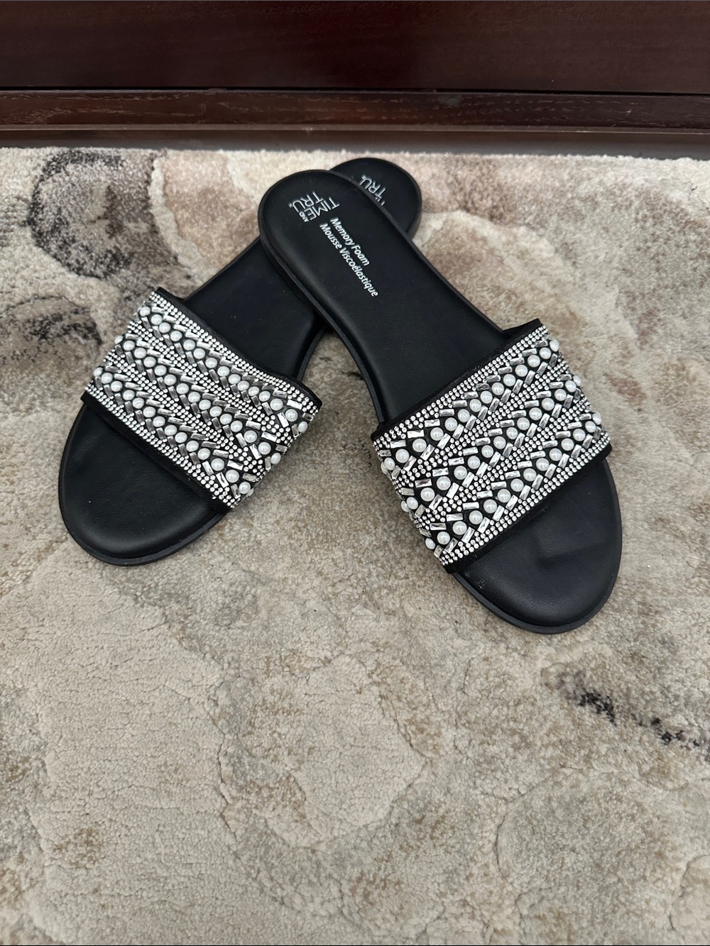 Time and Tru Black Slide Sandals with Silver Bead Embellishment